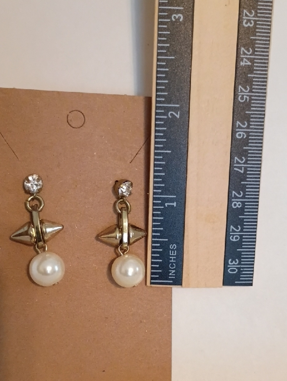 Gold Pearl Drop Dangle Earrings Crystal Accent Bridal Geometric Earrings - Picture 5 of 5